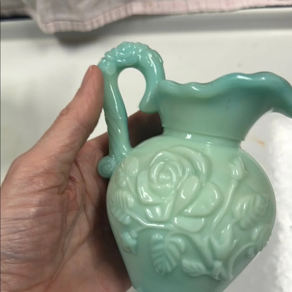 2 Avon Green Accent Pitcher Vases with Rose Floral Design & 1 Stopper